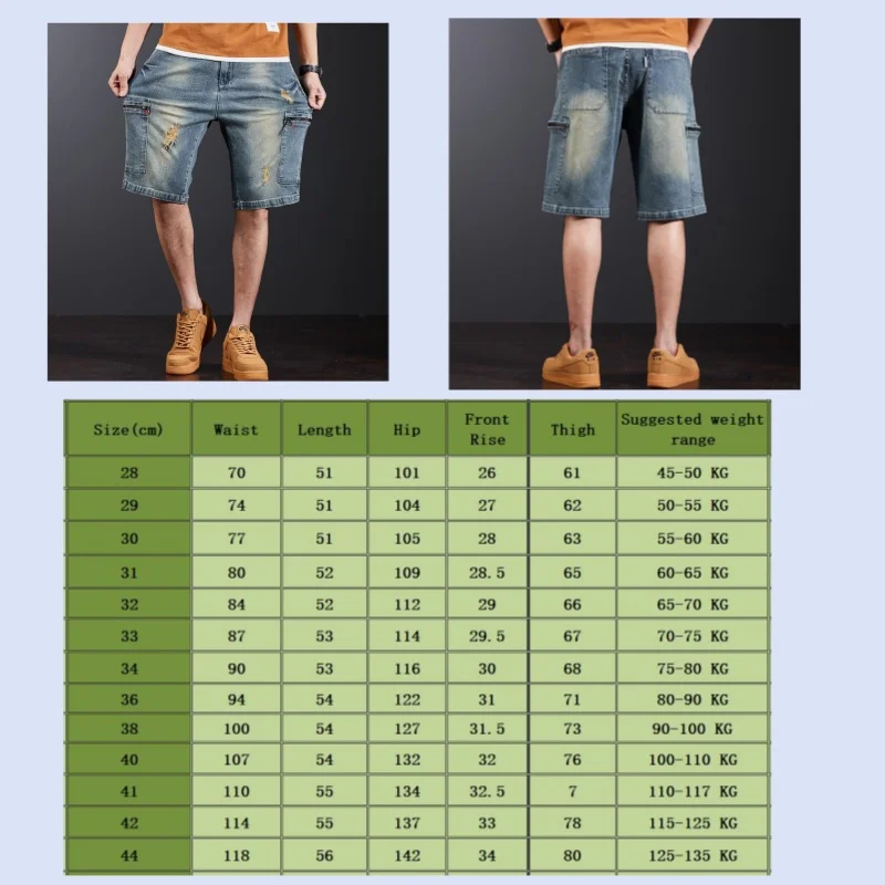 Summer Shorts Multi-pocket Denim Shorts Men's Short Pants Overalls Plus Size Loose Thin Hole Nostalgic Elastic Fabric Bottoms