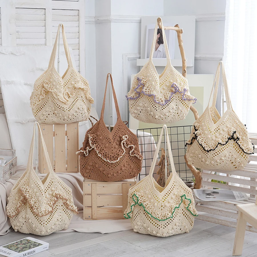 

Summer Crochet Flowers Knitted Women's Shoulder Bag Large Capacity Pleated Tote Hollowed Out Beach Vacation Handbag Boho Netbag