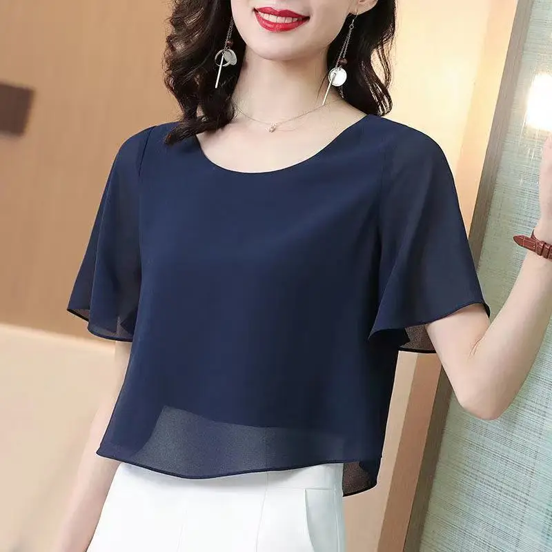 Thin Short-sleeved Chiffon Shirt Women's New Solid Color Fake Two-piece Tops Round Collar Pulloverr Blouse Blusas Femme