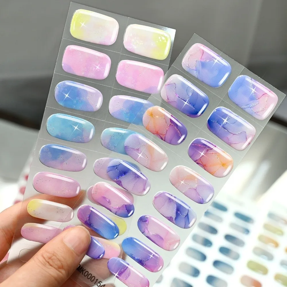 16 Tip UV Polish Nail Strips Self-Adhesive Watercolor Smudge Manicure Stickers 3D Glitter Marble Baking-Free