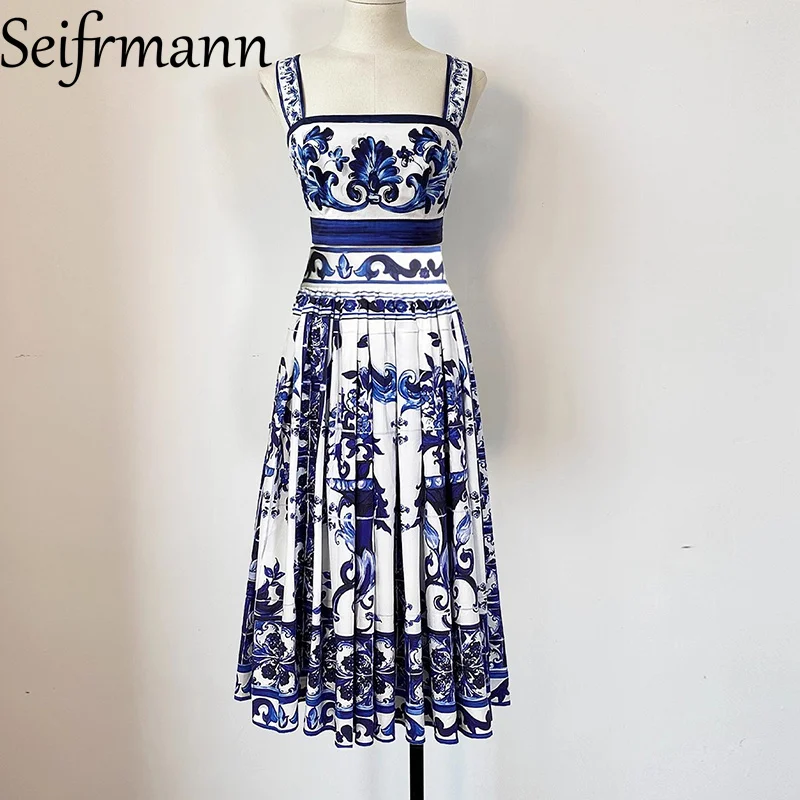 

Seifrmann 2025 New Arrival Printed suspender Poplin woven cotton, blue and white porcelain blue and western-style versatile