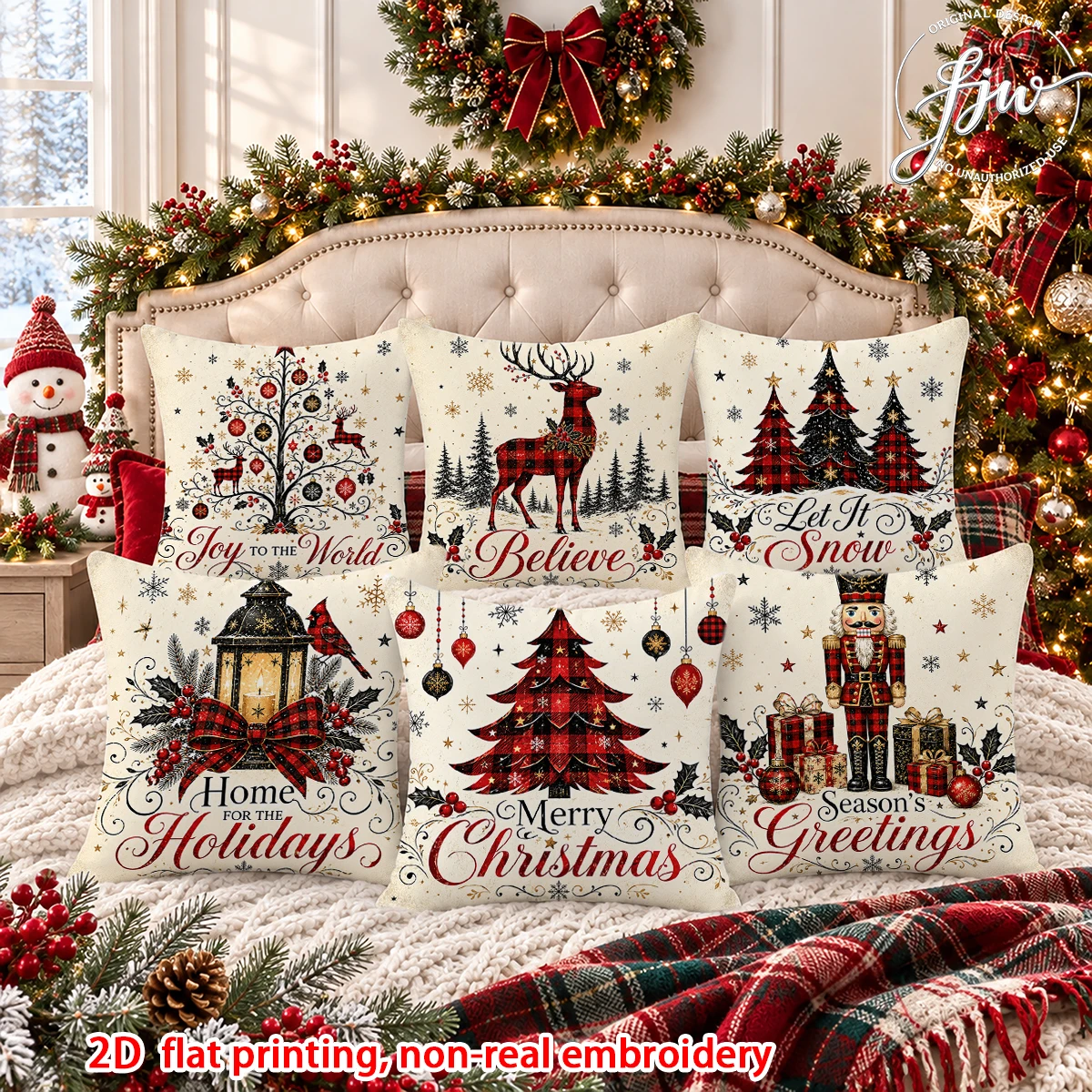 6pcs Christmas Throw Pillow Covers Vintage Xmas Tree Santa Snowman Decorative Cushion Cases for Home Sofa Bed Holiday Decor
