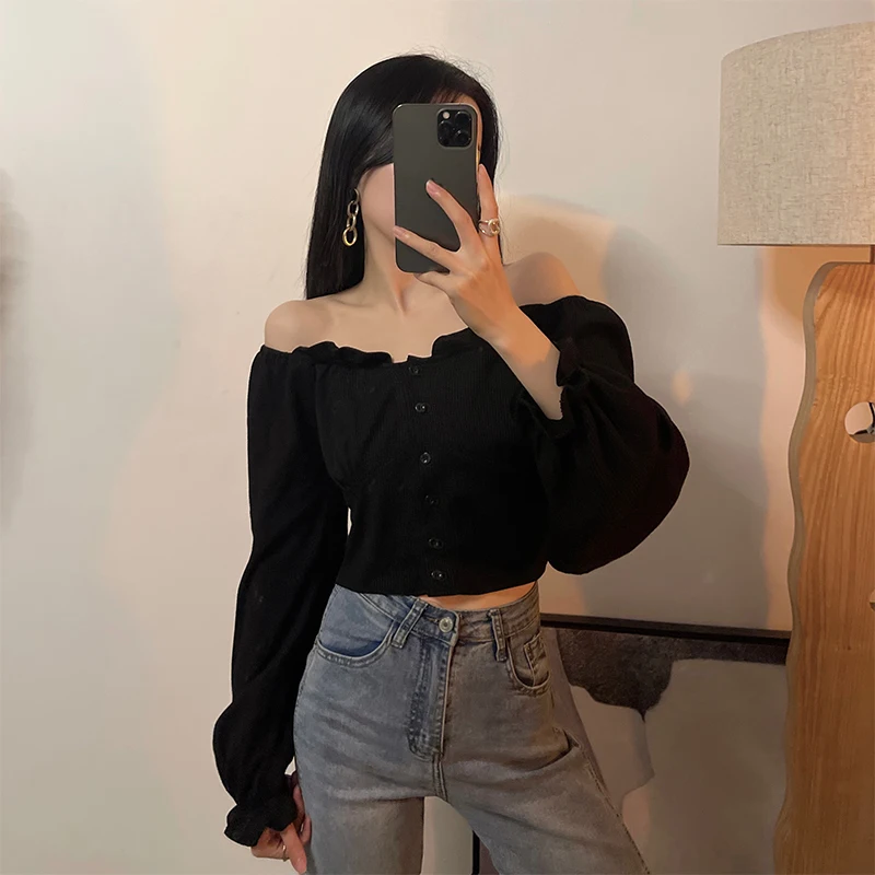 

Bla Retro Bubble Sve Top Women's One oulder T-irt Spring oulder Exposure Design ort Length Long Sve Cotton Blend