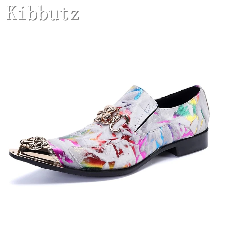 Zapatos de piel auténtica con estampado para hombre, calzado con punta puntiaguda, decoración de Metal, estilo británico, moda de lujo, fiesta, banquete, talla grande