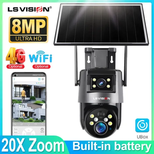 LS VISION 20X ズーム 4G カメラソーラー PIR 人体検出ナイトビジョン防水セキュリティビデオ WIFI カマラ 8MP 4K バッテリー CCTV