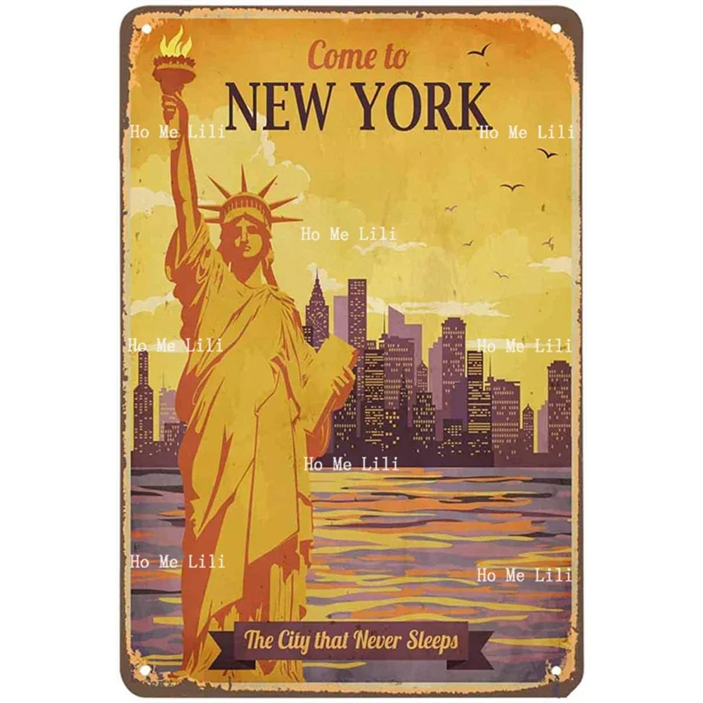 Travel To New York Poster Of Statue Liberty Against The Sunny Sky Vintage Metal Signs For Home Bars Clubs Cafes Wall Decorative