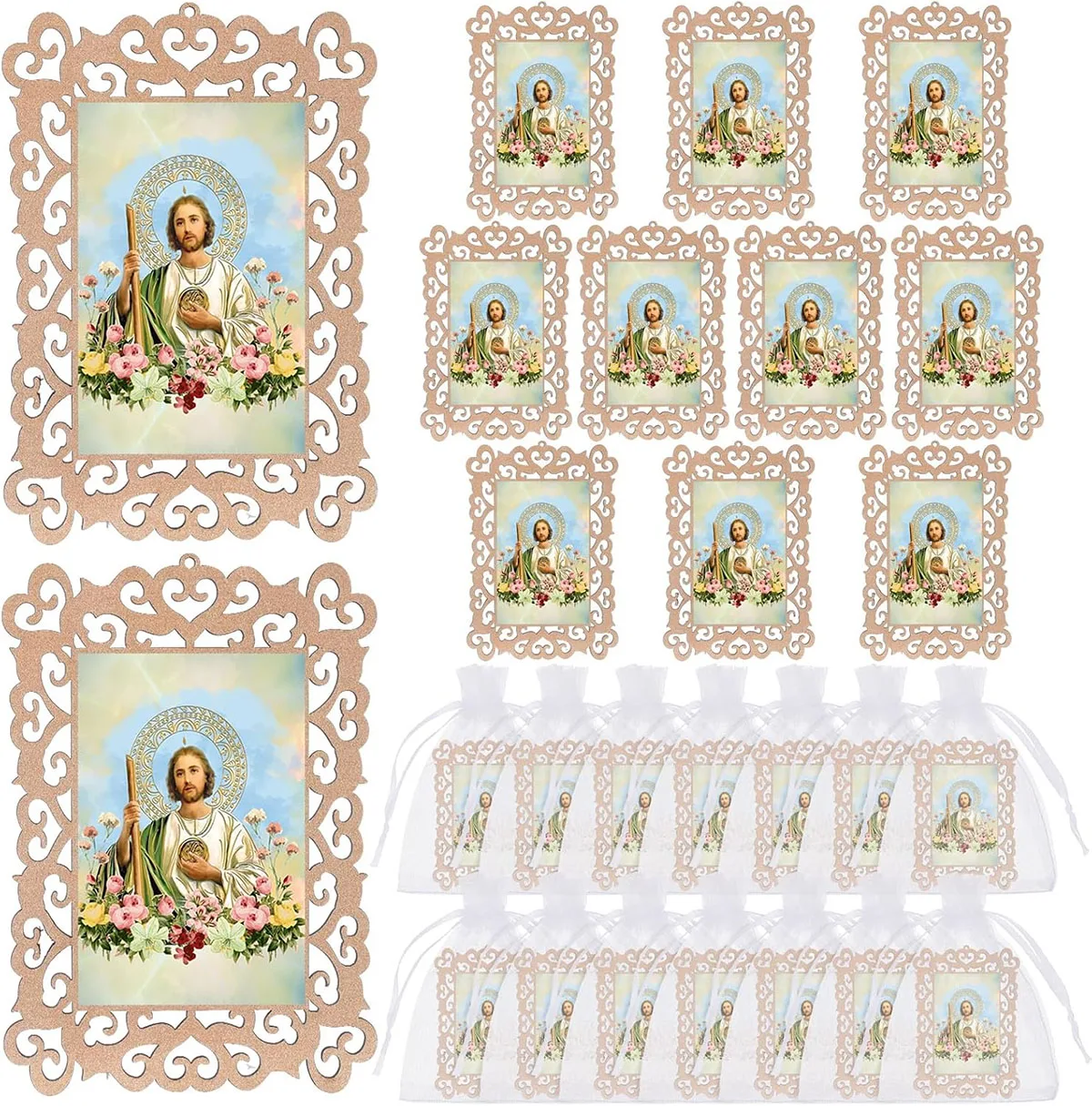 12 Marcos de Fotos de Madera de San Judas con Bolsas de Organza, Recuerdos de Bautizo para Invitados, Primera Comunión