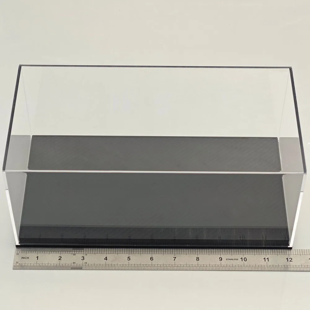 Scatole acriliche espositore supporto trasparente antipolvere con base nera in fibra di carbonio per modello di auto in scala 1/18