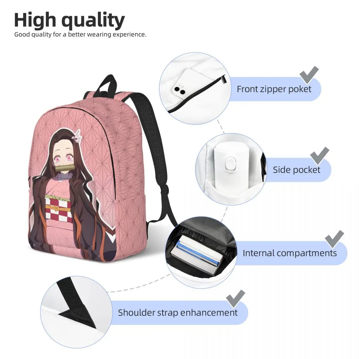 Anime Demon Slayer Nezuko Kamado Mochila clássica com bolso Mochila de trabalho para estudantes para homens e mulheres Bolsa de ombro universitária