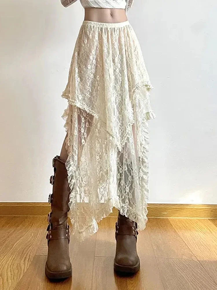 Lace Asymmetrical Skirt Fairycore Women Vintage Y2K Boho Aesthetic Fashion High Waist Mid Skirts Lady Holiday Mesh A-Line Skirt