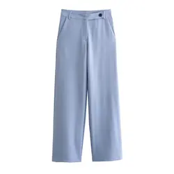 Tangada 2024 Women Blue Pants Trousers Pocket Female Wide Leg Suit Pants QD0122