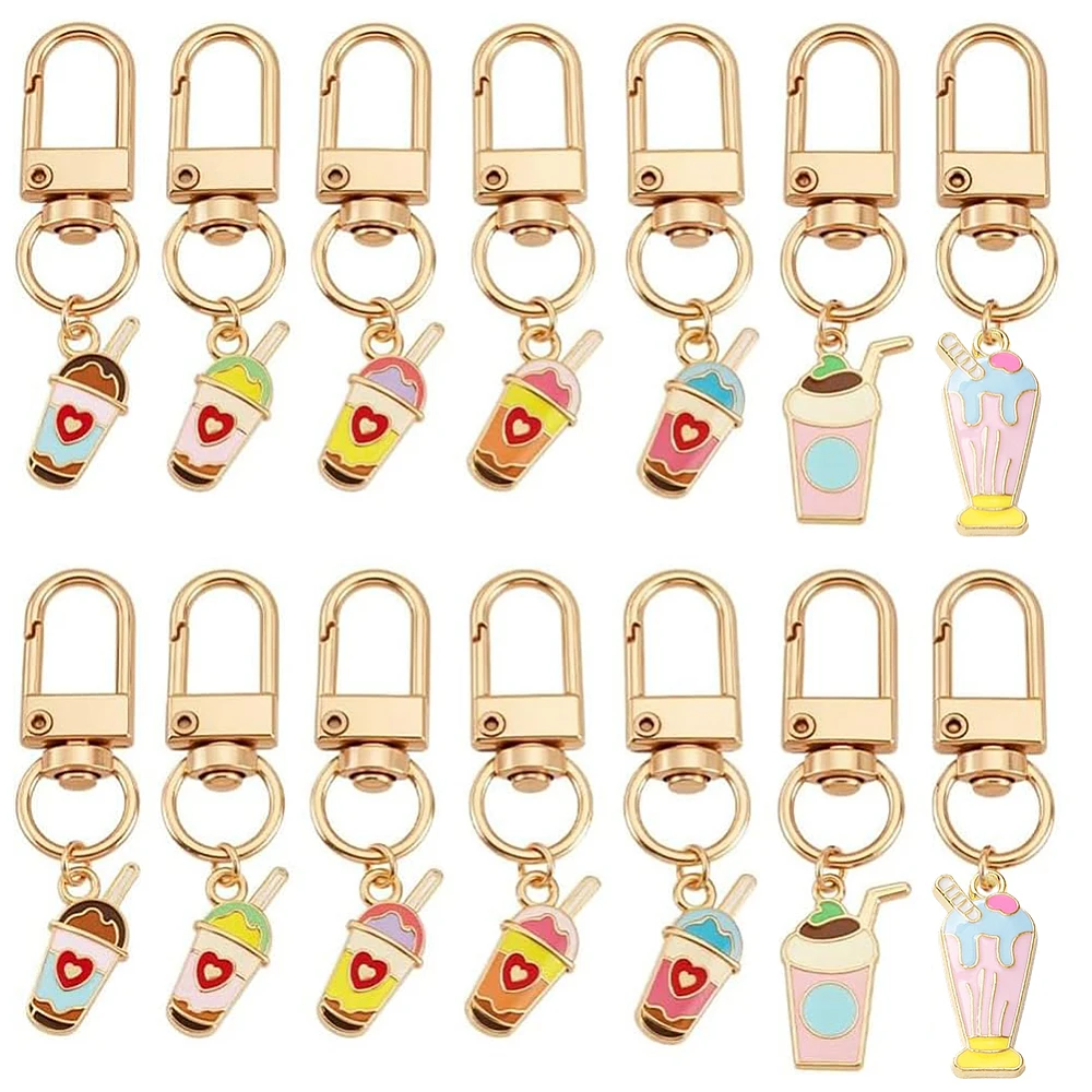 14pcs Milk Tea Keychain 7 Styles Enamel Alloy Cup Bag Charms Mini Coffee Cup Charm Aesthetic Key Chains Purse Charms 2 inch