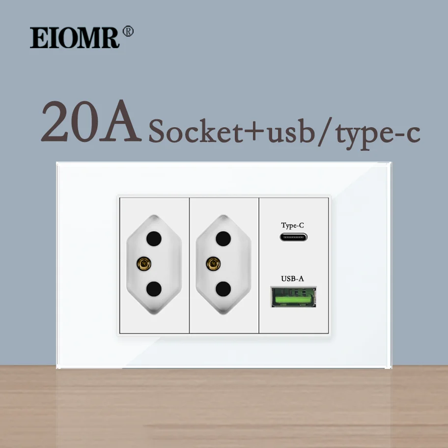 EIOMR 118 Type Brazil Standard Socket Home Wall Light Switch Crystal Glass Panel 5V 3A USB Type-c Charger 20A Brazilian Outlet