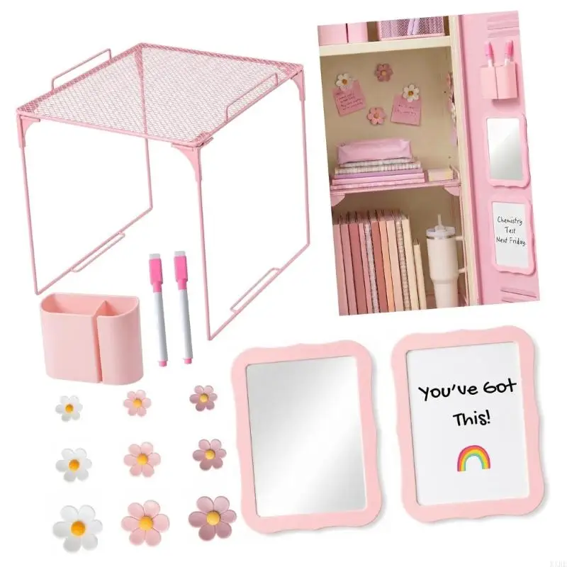 Metal Cabinet Accessories, 15-Piece Pink Iron Storage Assortment with Movable Pieces and Flower Forms for School or Dorm KXRE