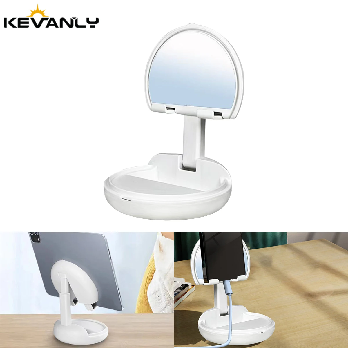 

Foldable Mobile Phone Holder Desktop makeup Mirror Design Phone Stand Mount Universal For Home Use Adjustable Height