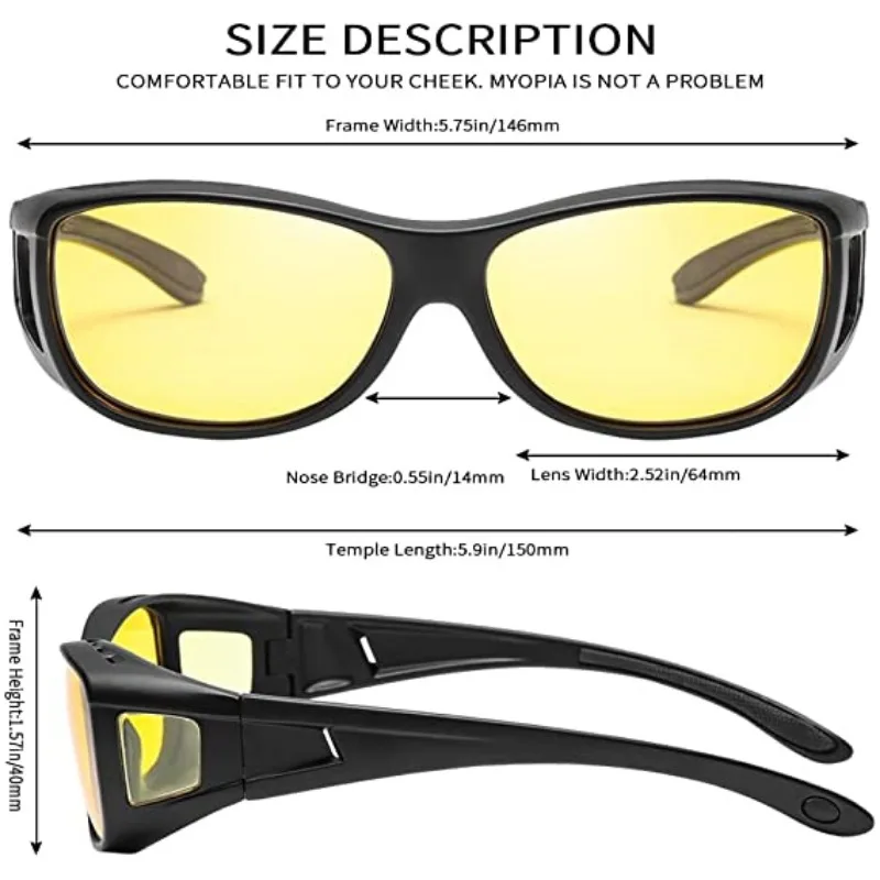 Fit Over Glasses Night Driving Glasses Yellow Gray Lens Anti Glare Side Shading Windproof Cycling Eyewear For Men Women Drivers