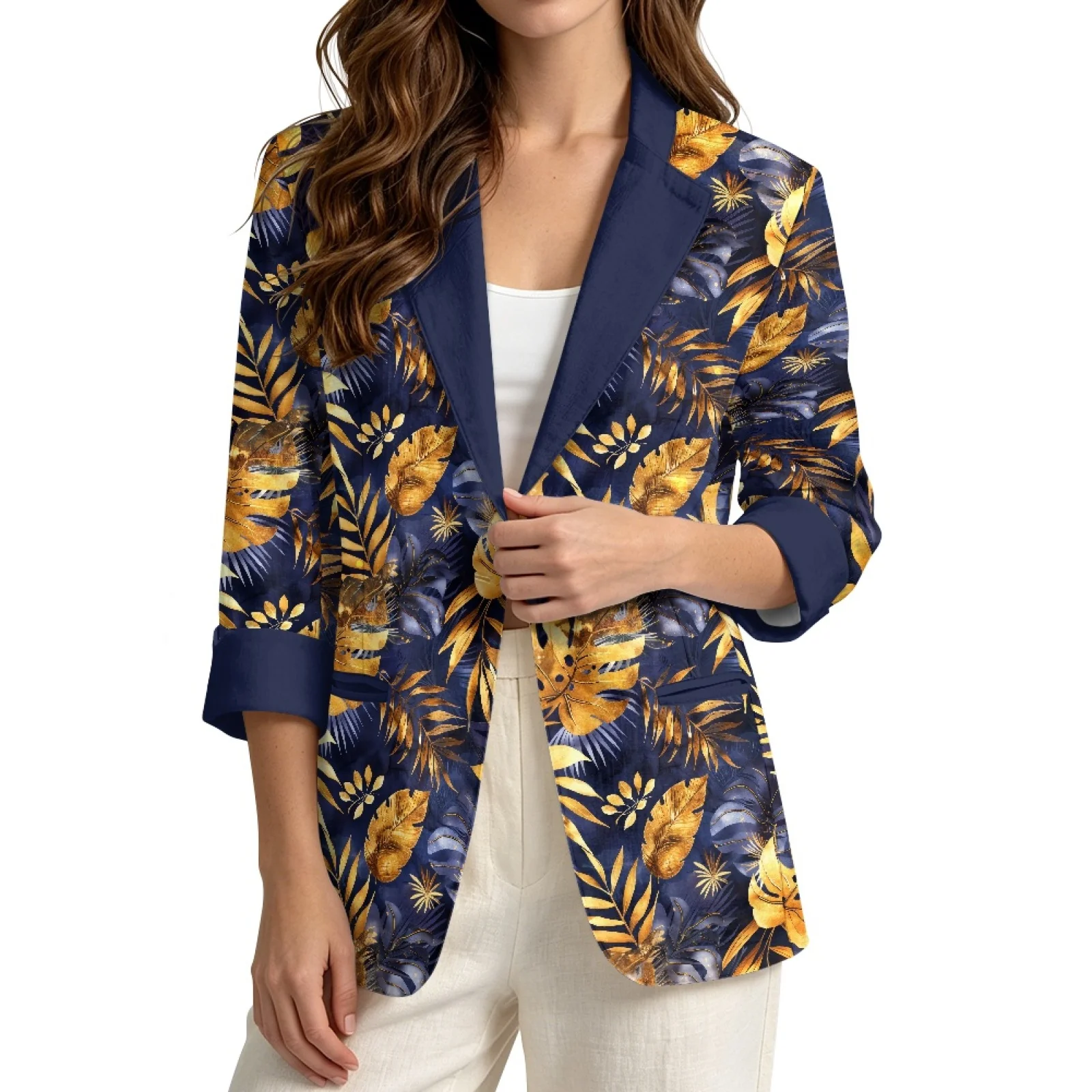 PENSTROLL Golden Tropical Leaf Linen Style Beach Cardigan Casual Beach Coverups for Workout Sizes S-3XL
