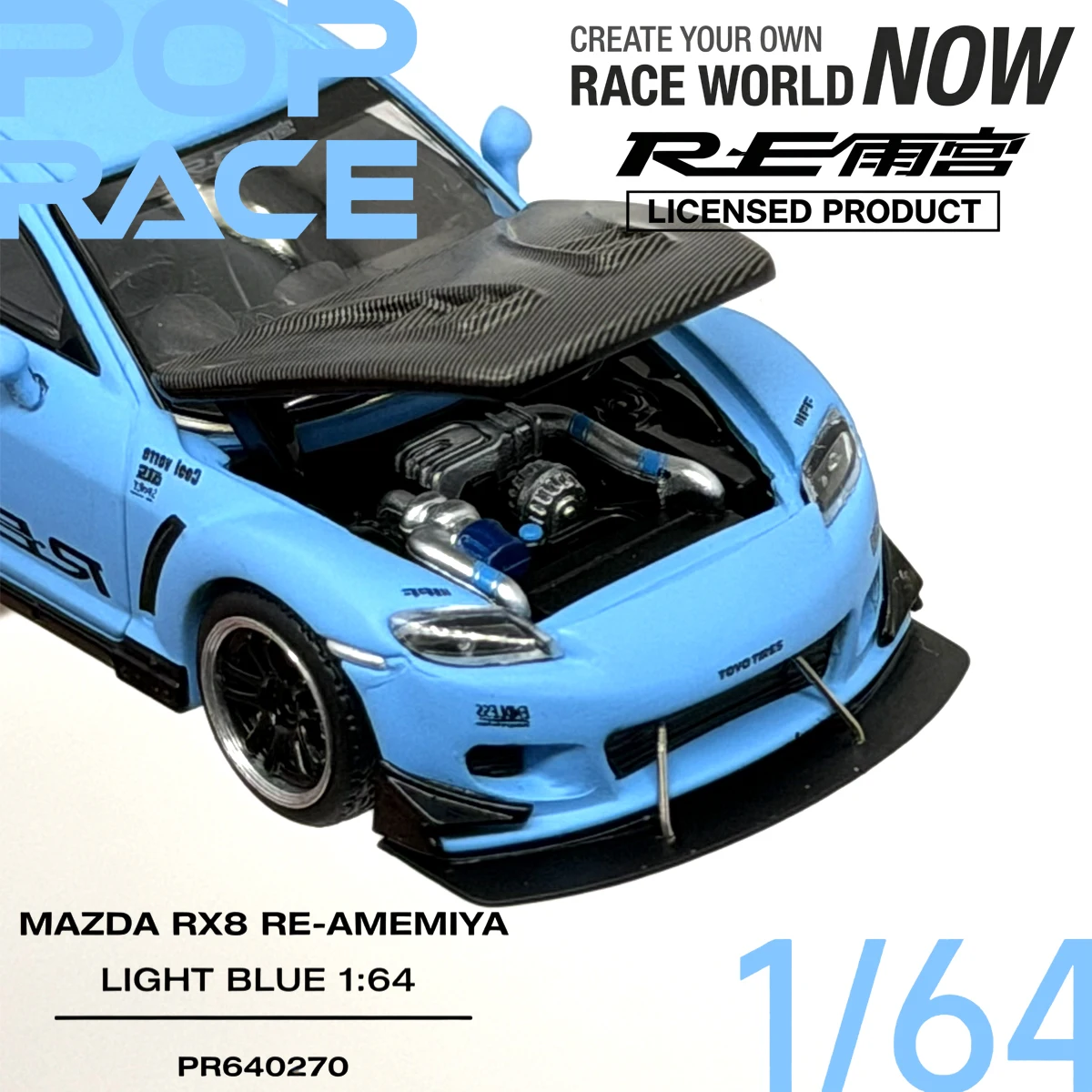 In Stock POP RACE PR640270 New Tooling 1:64 Mazda RX-8 RE-Amemiya Light Blue Diecast Model Car (Openable Hood)