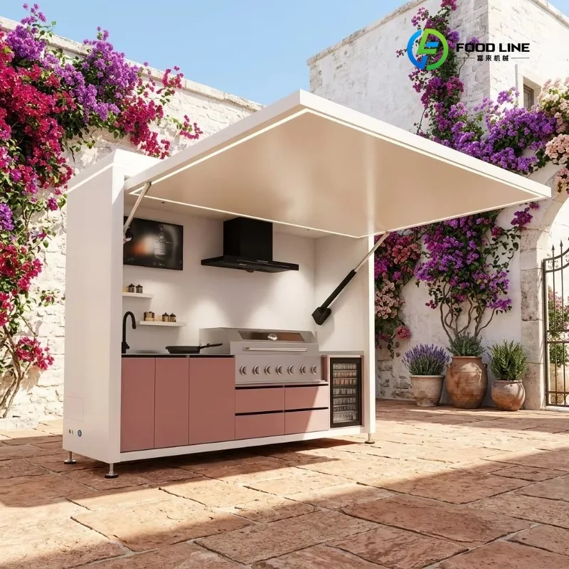Outdoor Kitchen Electric Flip Top 6 Burner Gas Grill Induction Cooktop Stainless Steel Sink Refrigerator BBQ Island Complete