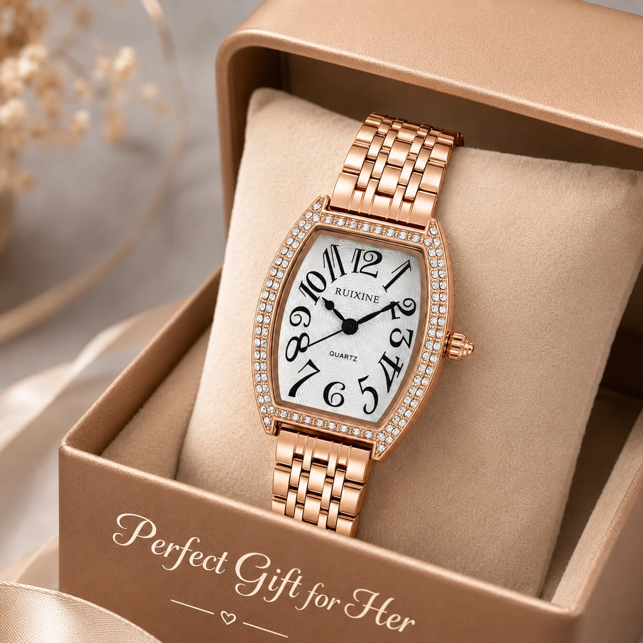 RUIXINE Women Quartz Wrist Watch Tonneau Barrel Shape Case Sparkling Rhinestone Bezel Vintage Arabic Numeral Dial Elegant Watch