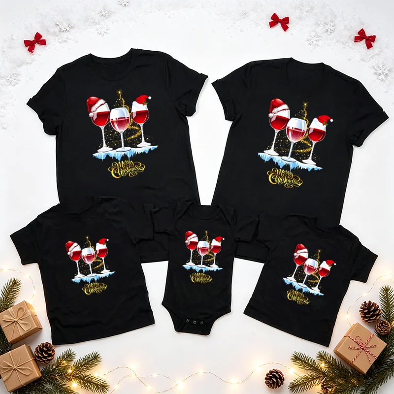 Christmas Family Matching Shirts Wine Glass with Santa Hat Print Short Sleeve Tshirt Baby Romper Family Photo Outfit Xmas Party
