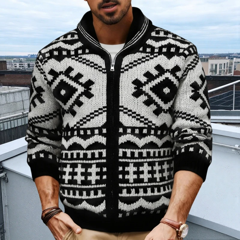 

Autumn and Winter Black White Printed Cardigan Sweater Men's Casual Thick Warm Sweater Coat Zipper Knitted Jacket for men SY0020
