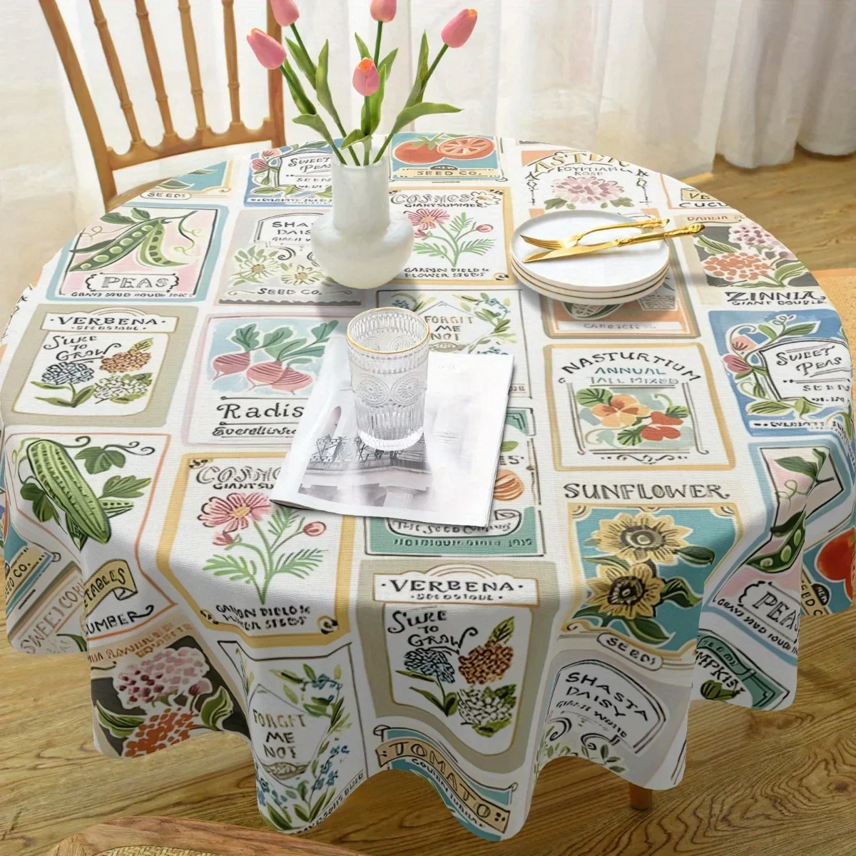 One round and rectangular tablecloth with vegetable patterns - pea and pumpkin designsxzj