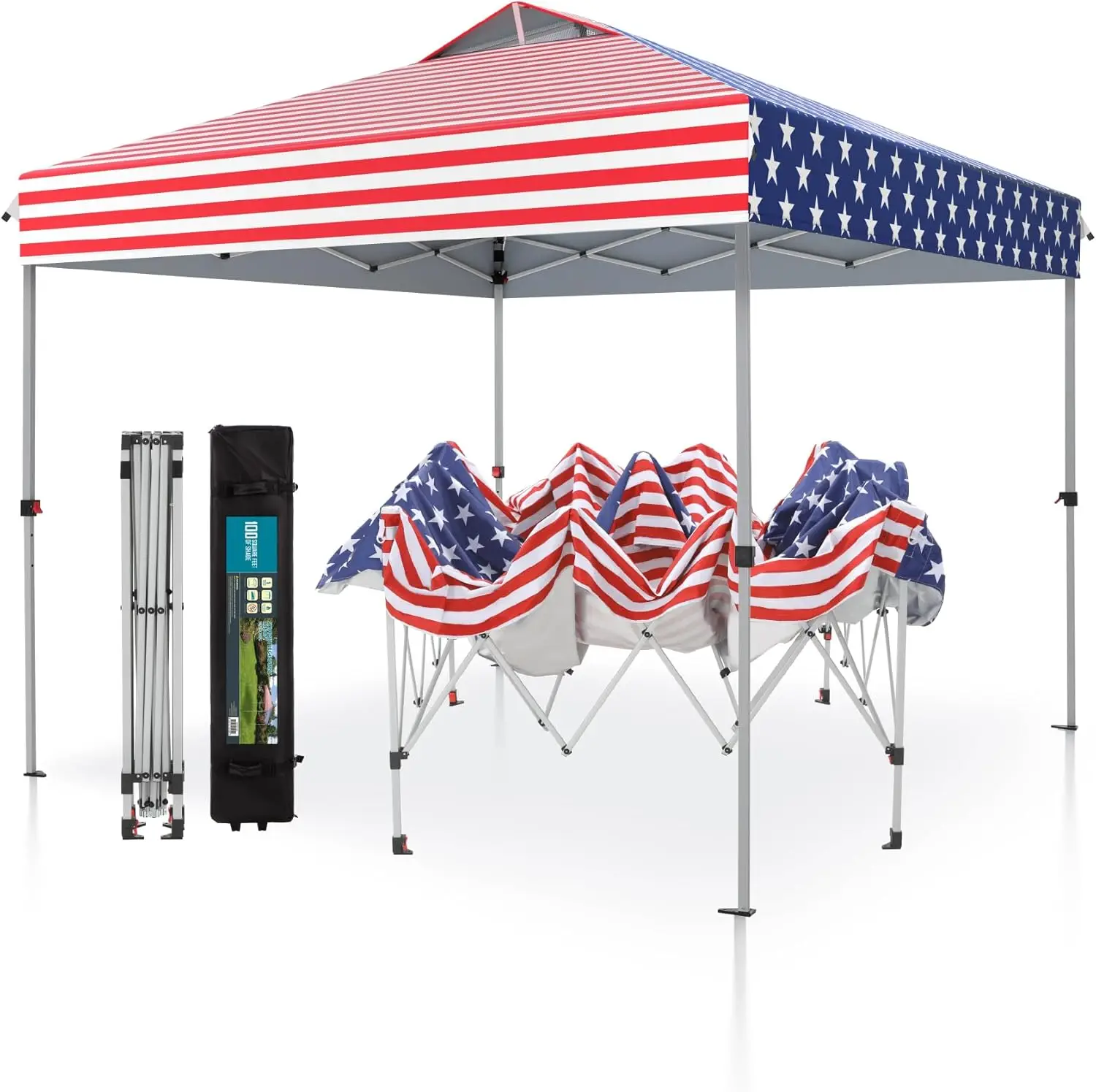 

Pop Up Canopy 10 10 Tents for Parties with Wheeled Bag, Portable Lightweight Folding w/Adjustable Height, American Flag