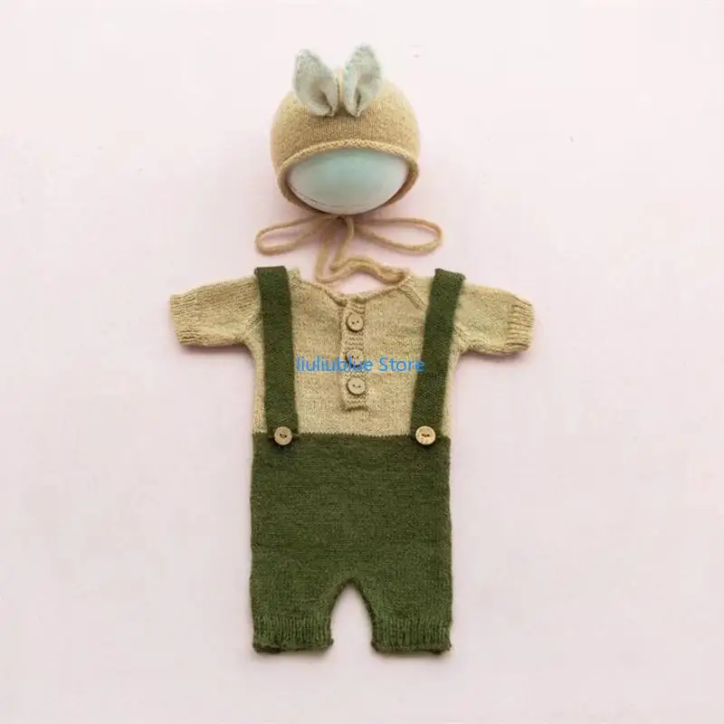 ทารกแรกเกิดการถ่ายภาพ Props เด็กน่ารักกระต่ายหมวกสำหรับตุ๊กตาทารกถ่ายภาพ หมวก Jumpsuit ชุดบอดี้สูทเสื้อผ้า 62CF