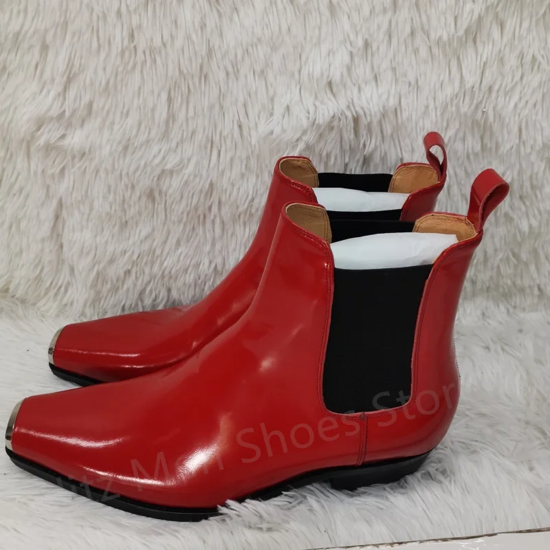 

Metal Square Toe Chelsea Boots Men Fashion Slip On Patent Leather Ankle Boots British Style Western Boots Wedding Business Shoes