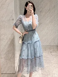 New Fashion Dot Flocking Mesh Fluffy Birthday Party Dress Women Double V-neck Butterfly Embroidery Summer Dress 2024