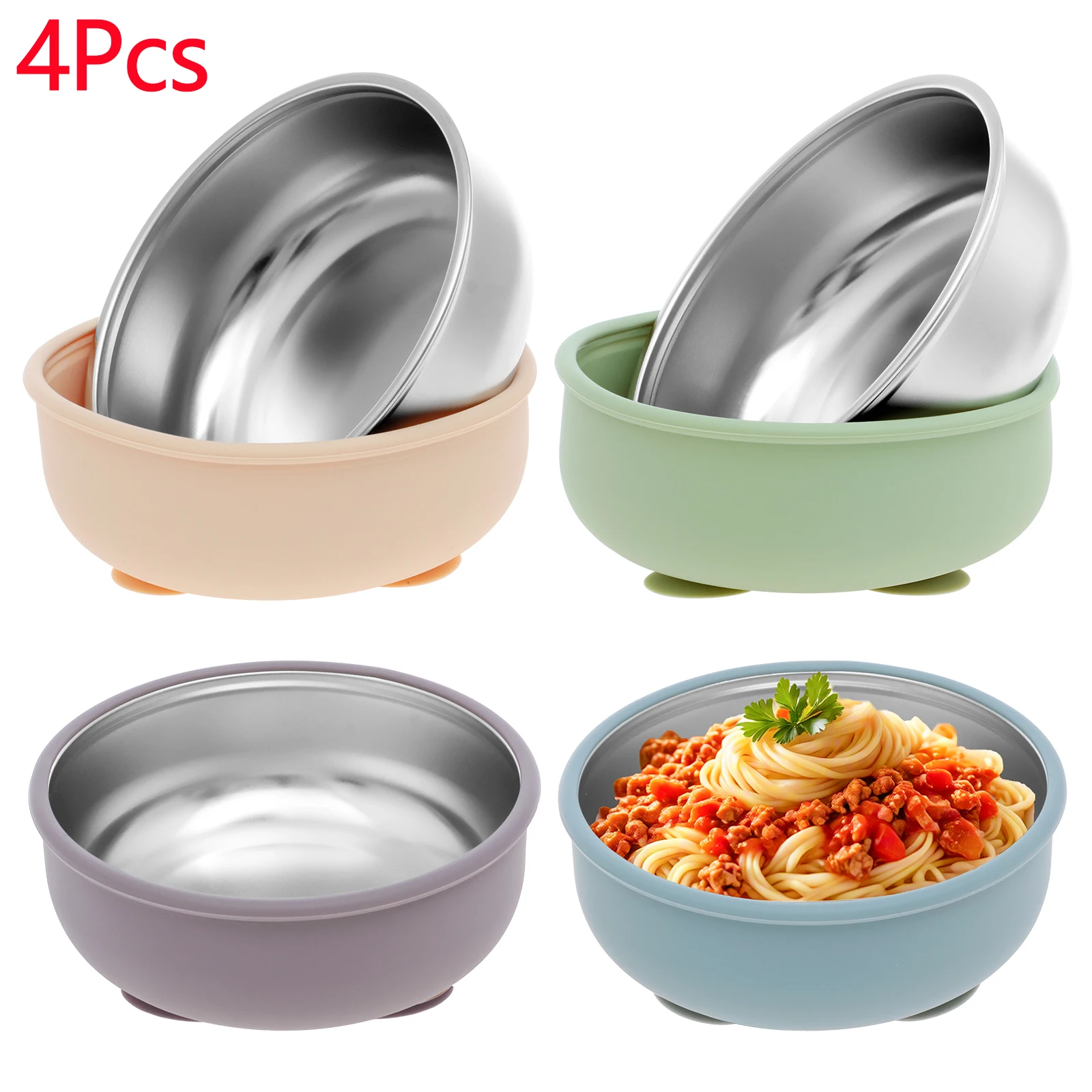 

4Pcs Stainless Steel Sucker Bowl Feeding Tableware for Infant Training Learning To Eat Bowls and Baby Supplementary Food Bowls