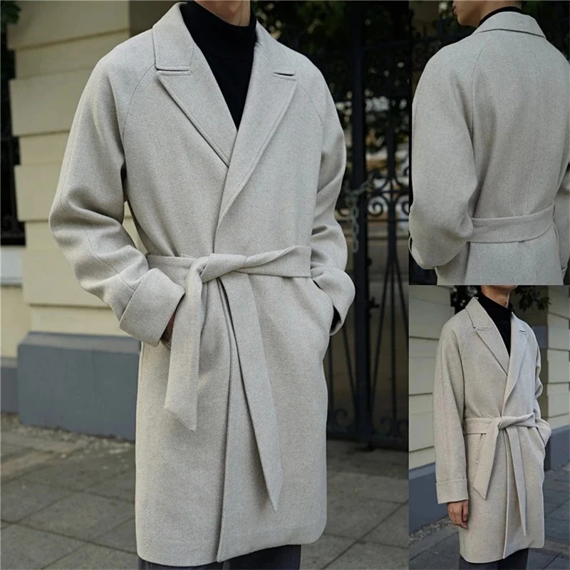 

Herringbone Woolen Men Overcoat Loose Long Men Suit Coat With Belt Formal Winter Custom Made Jacket Kingcoat