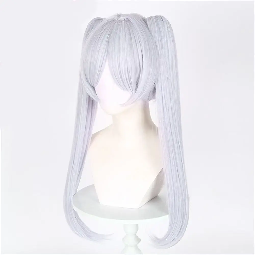 Wig cosplay Anime Frieren wig sintetis berkualitas tinggi dengan warna putih perak pendek dan kuncir ganda wig acara realitas anime dengan jaring mawar.