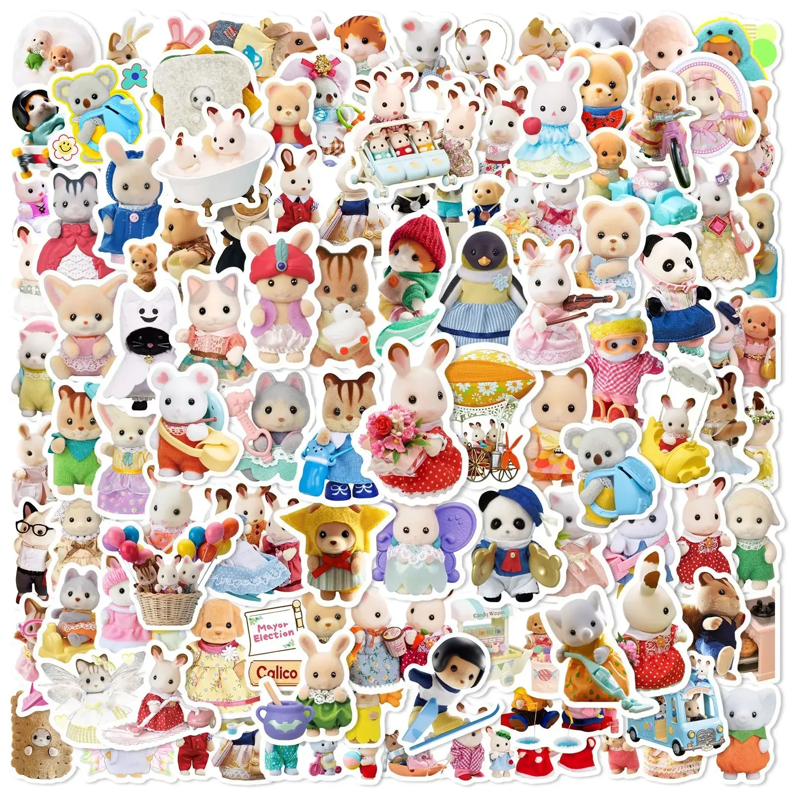 100Sheets Cute Calico Critters Stickers Cartoon Animal Doodle Kawaii Decoration Decal Can Be Used Repeatedly