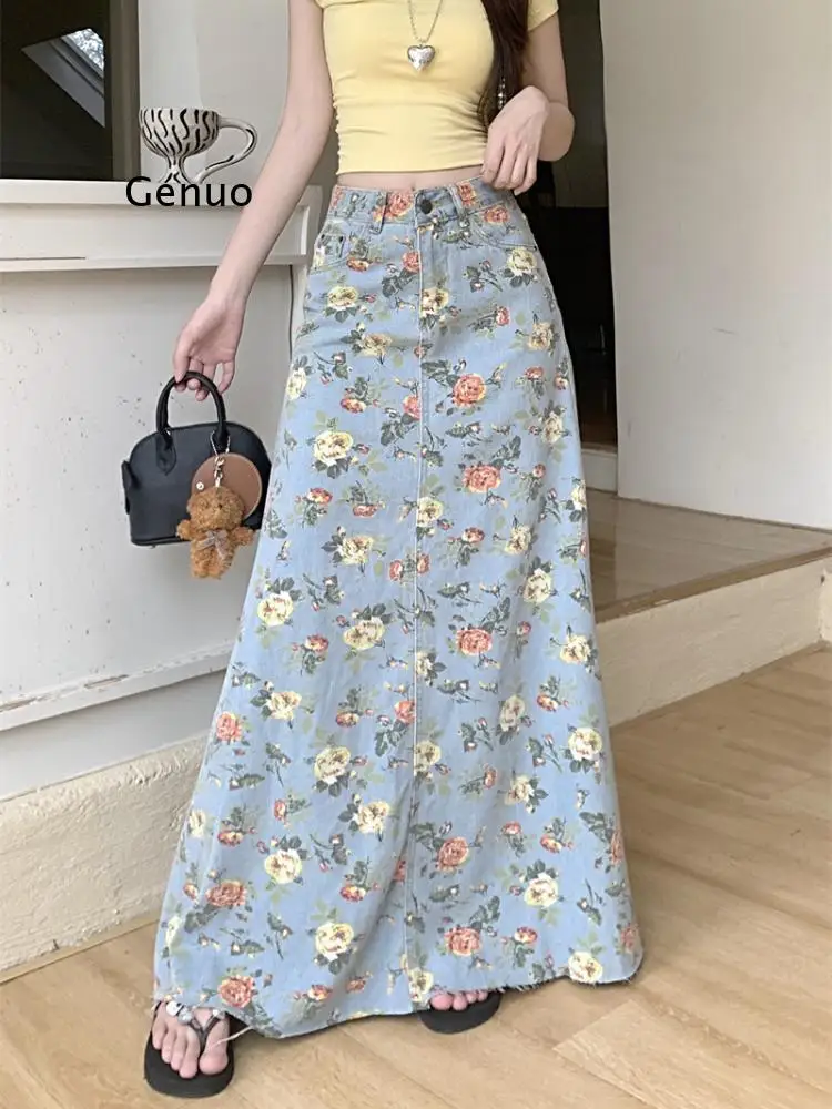 

Floral Denim Skirt Women's 2025 Summer New High Waist Design Sense High Waist Large Hem Skirt Mid-Length Skirt