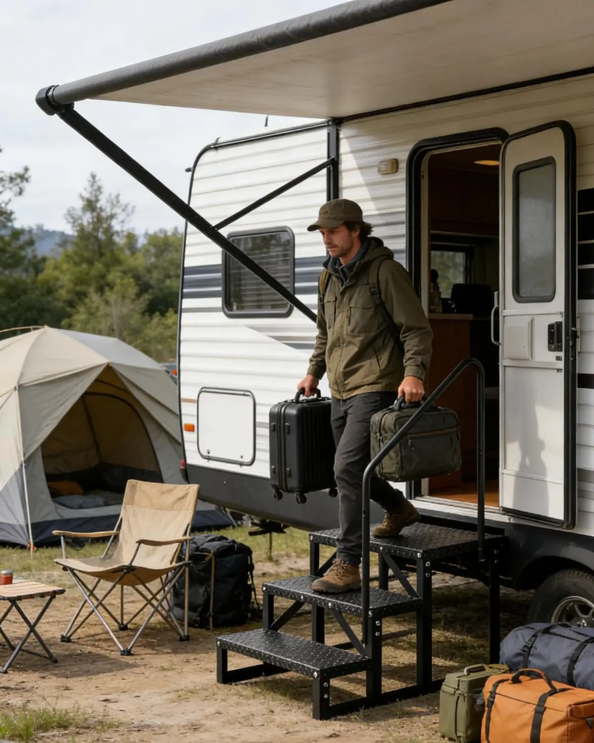 Heavy-Duty 3-Step Rv Ladder – Portable Non-Slip Camper Steps – Dual Anti-Slip Handrails – Outdoor Entry for Travel Trailers, Hot Tubs, Docks, Porches – 26.77