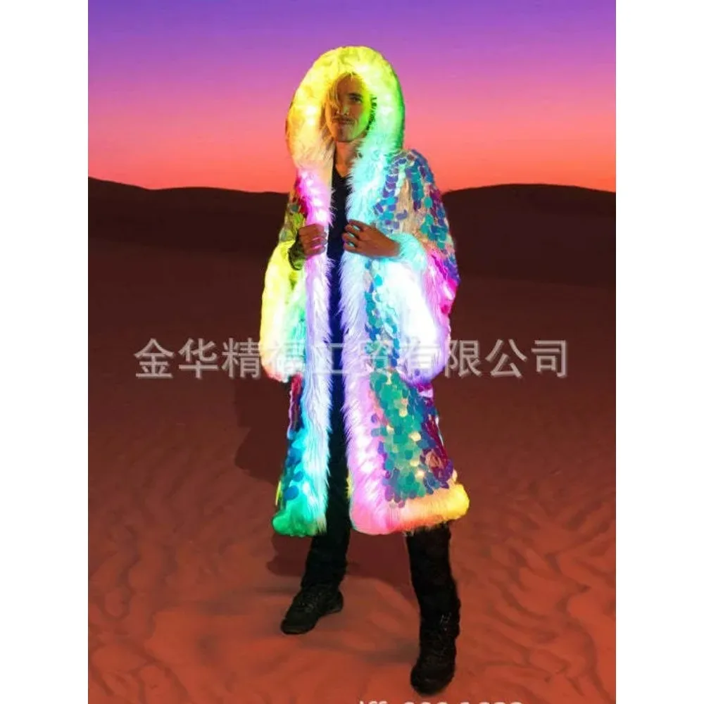 ジャケットフェイクファー男性ロングコートスパンコールフード付きふわふわ暖かい冬パッチワーク LED 衣装ステージダンスパーティーコスプレアウター