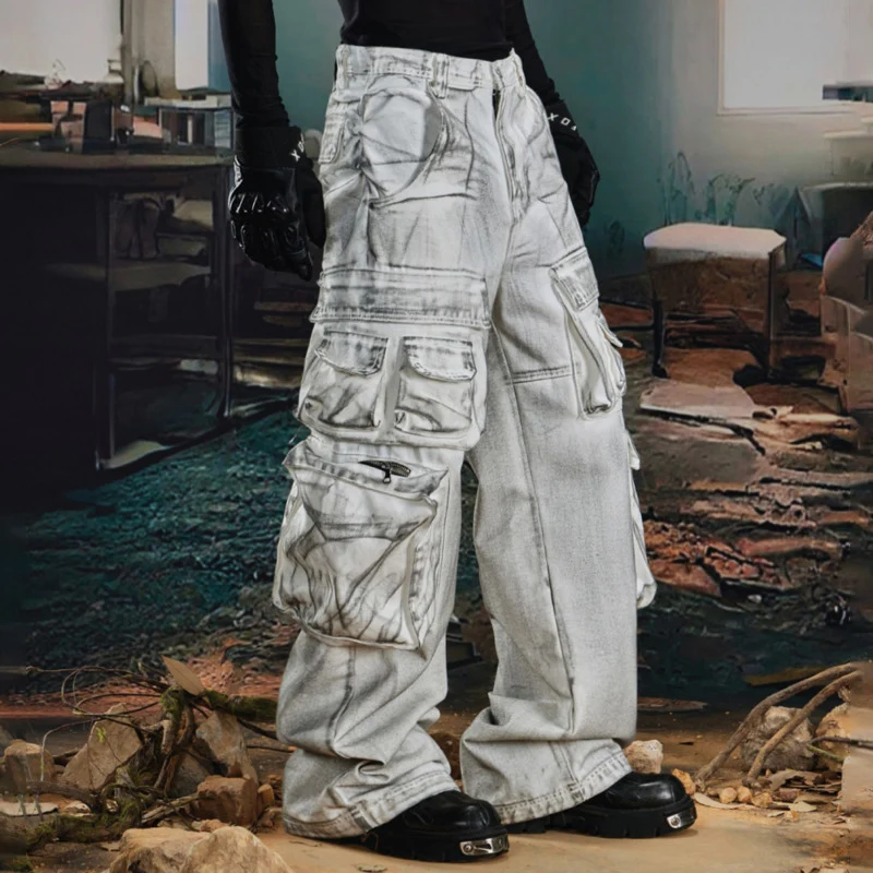 LUZHEN 2025 موضة جديدة خمر نمط مهترئ غسلها مستقيم البضائع الدنيم السراويل الرجال الشارع الأصلي جيوب كثيرة الجينز JY5027 #4