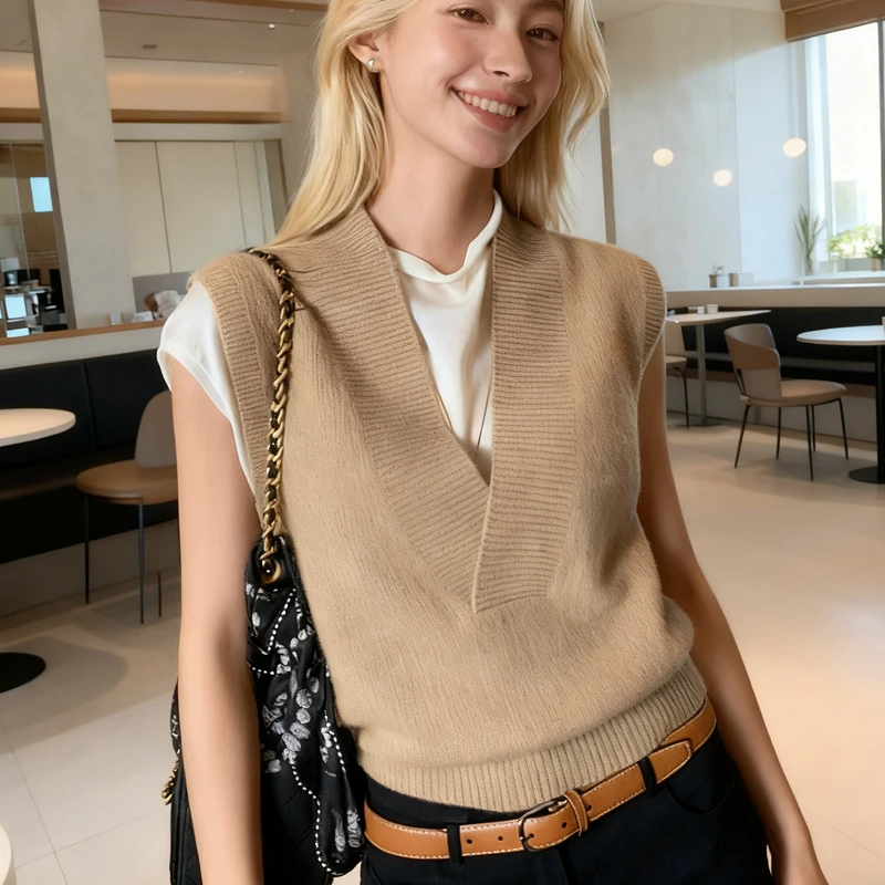 

Вязаный жилет в стиле ретро с v-образным вырезом для женщин, элегантная однотонная вязаная рубашка, осень/зима, корейский вязаный пуловер без рукавов для женщин