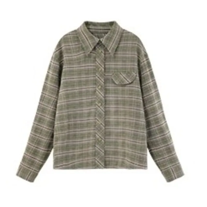 女性レディレトロチェック柄シャツルーズ起毛ブラウスターンダウンカラースプリングアウタースタイルシックなカラーコントラストデイリーレイヤリングトップ