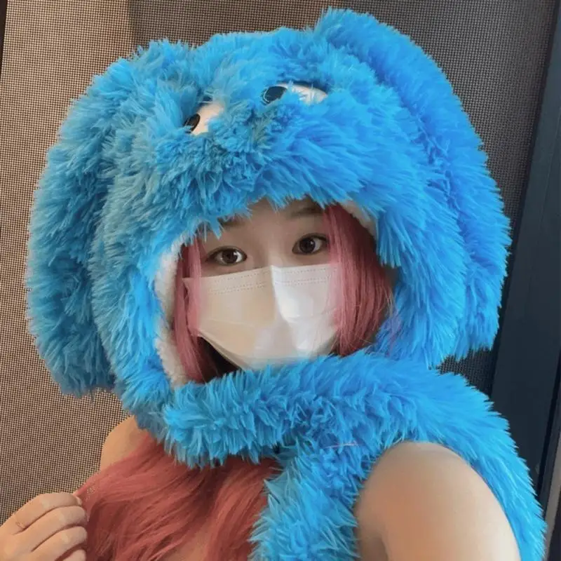 

652F Cartoon Puppy Hat with Eye Headgear for Outdoors Furry Camping with Large Furry Ears Winter Beanie for Skiing Camping