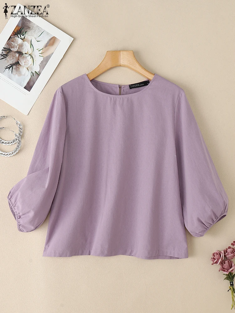 

ZANZEA Casual Cotton Linen Blouses Woman Summer Day Wear 3/4 Lantern Sleeve Blusas Mujer Breathable O-Neck Solid Color Tops
