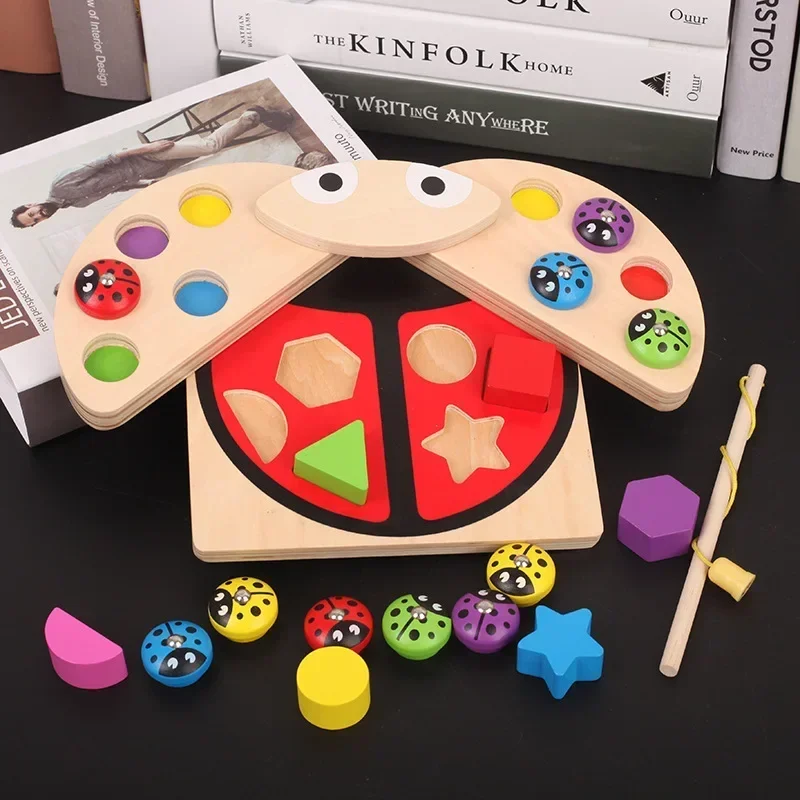 Creative Fishing Game Ladybug Ladybird Baby Wooden toy Shape Block Funny Learning Educational table toys for children party game