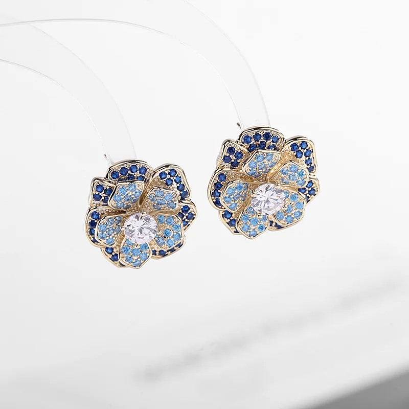 2024 Summer New Earrings with Micro Set Blue Zircon Silver Needle Earrings and Multi layered 3D Flower Earrings