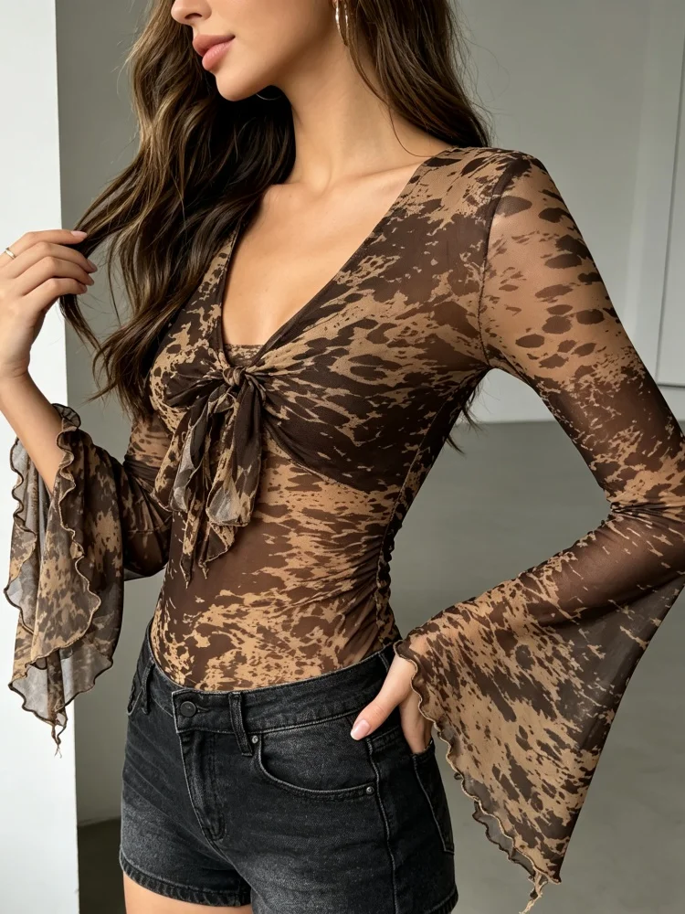 Women Long Sleeve Mesh Top V Neck Tie Front Bow Print Flared Sleeve Slim Fit Sheer Mesh Shirt Y2K Casual Streetwear Blouse