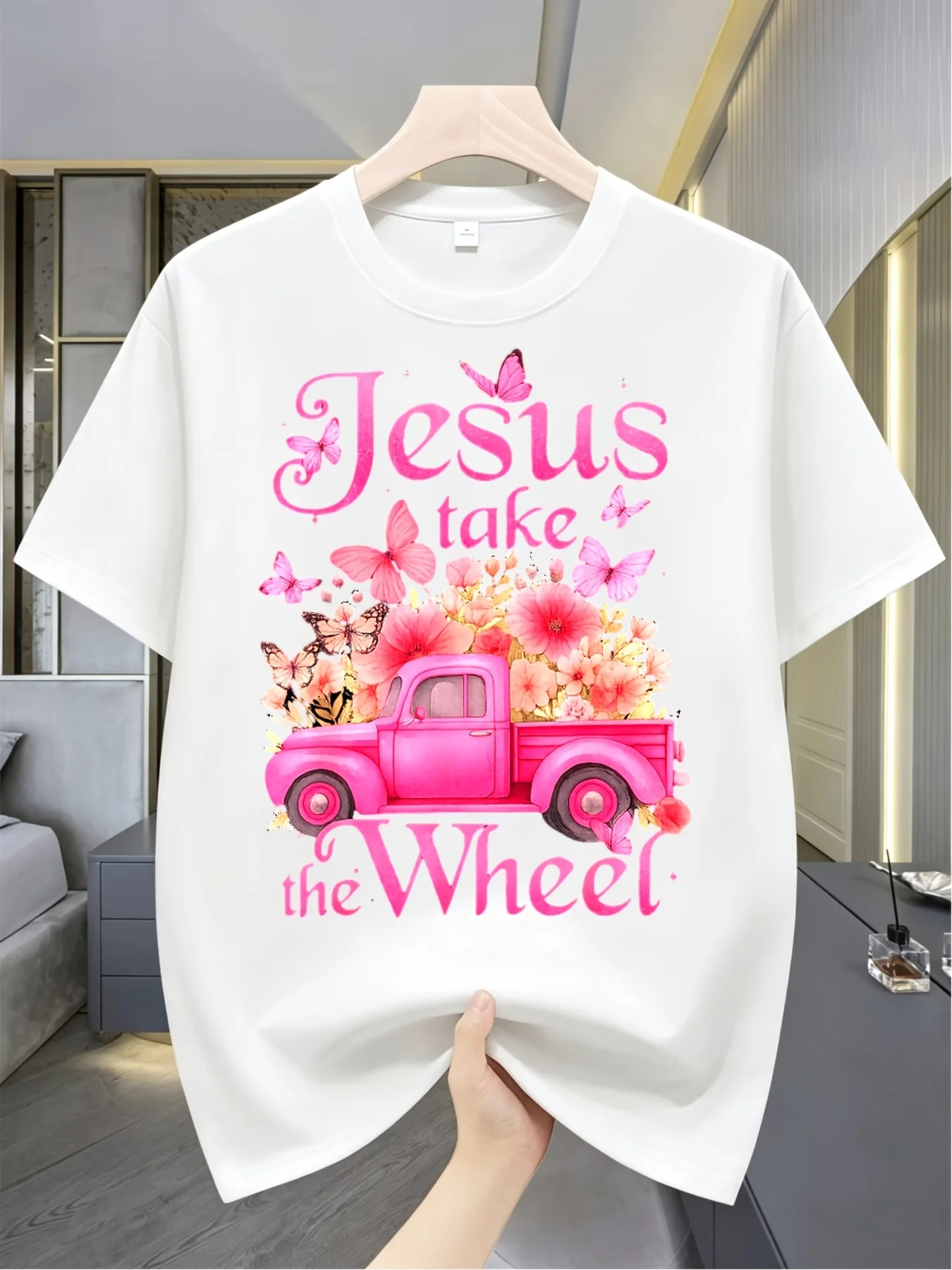 Vintage Take The Wheel Pink Floral & Truck T-Shirt - Retro Steering Wheel Suitable for &, Birthday Gift Idea, Casual Attire, Machine Washable Round Neck Tee for, Year-Round Casual Apparel