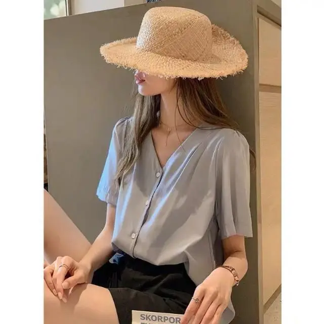 

Short Sleeve Shirts Womens Chiffon Pintucked Balloon Sleeve Regular Shirt Office Minimalist Modern Elegant OL Lady Professional