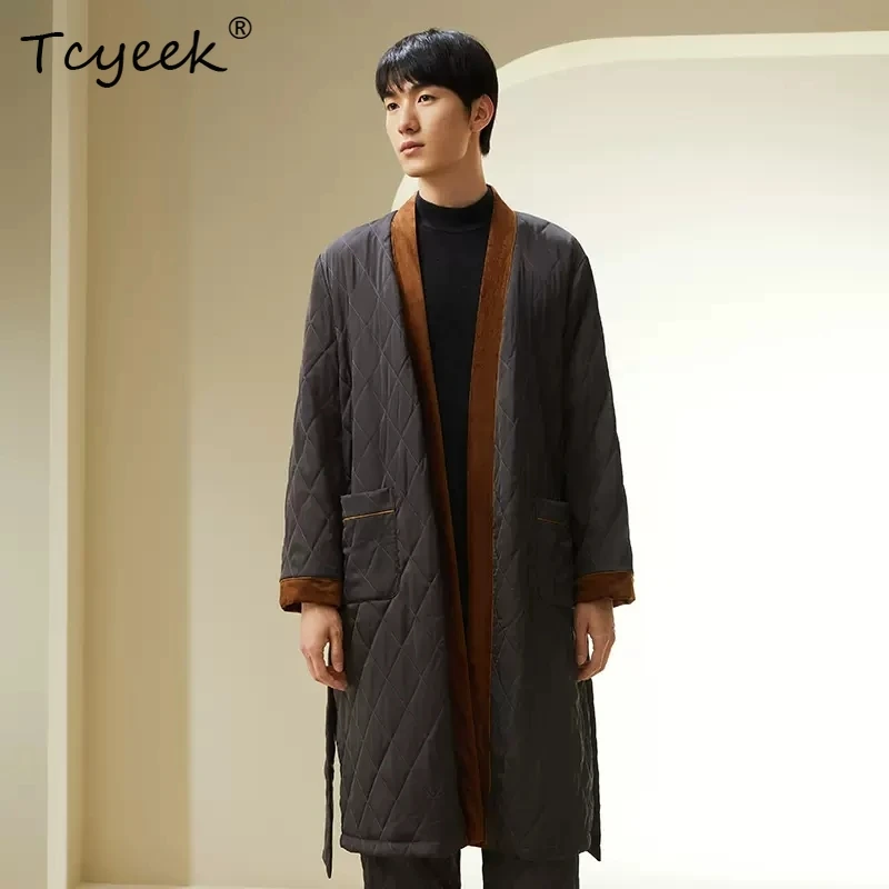 Tcyeek 充填 100% リアルシルクローブ男性用、パッチワーク暖かいホーム服、エレガントな厚いナイトローブ、2024 春の新 P41966QM