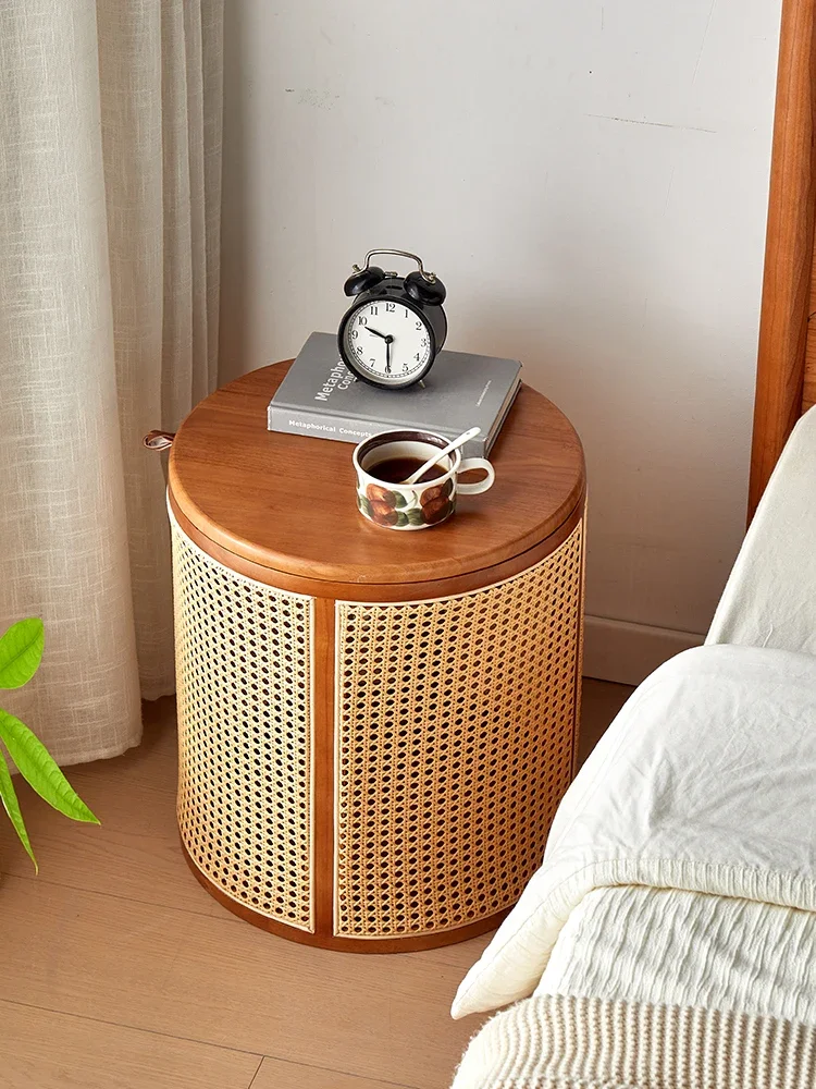 Rattan Bedside Locker Solid Wood Round Cherry Color Household Bedroom Living Room Sofa Side Table